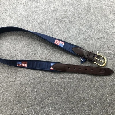 Cinturón Vineyard Vines para Hombres 30 Cuero Marrón Azul Marino Bandera Americana Cinta EE. UU. Foto 1 de 4