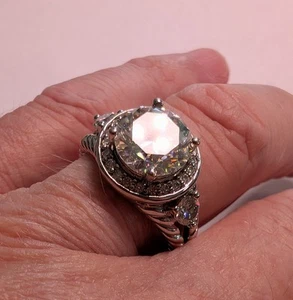 10mm Moissonite With Halo Set In Platineve Over Silver Ring 4.28ctw Sz10 - Picture 1 of 13