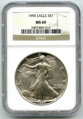 1990 American Eagle 1 Oncia Argento Dollaro NGC MS69 Certificato Lingotto - P596 - Immagine 1 di 2