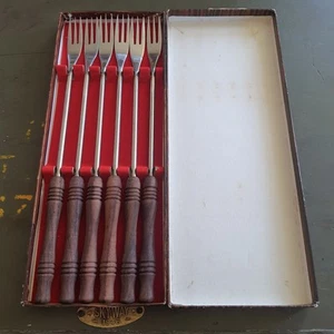 Vintage FONDUEGABELN JAPAN Box sechs 6 Holzgriffe Edelstahl MCM 60er SET - Bild 1 von 8