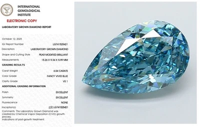 6.04 Pear Lab Grown Diamond For Engagement Ring IGI Fancy Vivid Blue VS1 - Image 1 of 4
