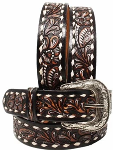 Men's 1-3/4"" Wide Tan Leather Floral Tooled Casual Jean Belt 26FK08T - Picture 1 of 41