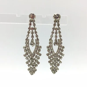 Clear Rhinestone Silver Tone Pierced Drop Earrings Party Formal Bling 2" Long - Picture 1 of 7