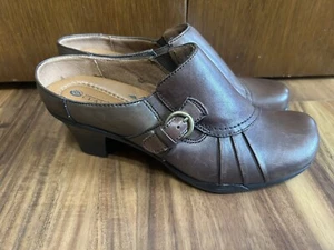Womens EARTH SPIRIT Classics Emily Brown Leather Clogs Mules Heels Shoes Size 9M - Picture 1 of 7