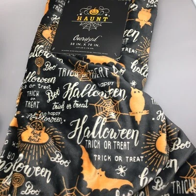 Halloween Haunt Throw Blanket MicroFleece Bat Spiderweb Trick or Treat Cauldron - Image 1 of 4