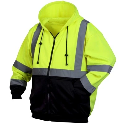HIGH VISIBILITY CLASS 3 REFLECTIVE HOODED ZIP UP SAFETY FLEECE SWEATSHIRT HOODIE - Image 1 of 4