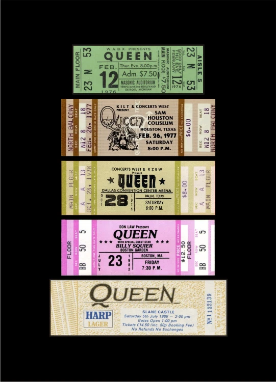 Five 1976-86 QUEEN unused paper replica concert tickets Collect, Scrapbook COOL - Image 1 of 1