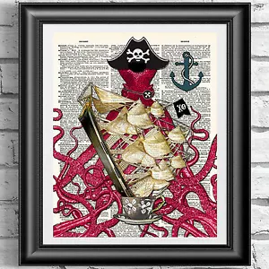 IMPRESIÓN ARTÍSTICA DE COLECCIÓN PÁGINA DE LIBRO DE DICCIONARIO Pulpo Pirata Náutico COLGANTE DE PARED - Imagen 1 de 3