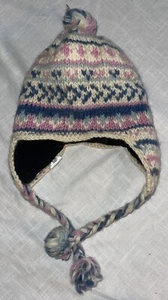 Babylonia Knit Wool Hat Blue Pink White Pom Pom Ear Flaps Made In Norway - Picture 1 of 4