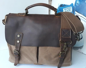 Lifewit ~ Brown Cowhide Leather & Canvas Laptop Briefcase Messenger Bag 11" x 14 - Picture 1 of 24