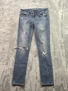 American Eagle Women Sz 4 Reg Blue Jeans Skinny 77 Distressed Whiskered Low Rise - Picture 1 of 11