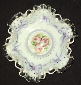 VTG FENTON GLASS CHARLTON ROSE w/PURPLE BOWS GOLD POLKA DOTS BONBON CANDY DISH - Picture 1 of 9