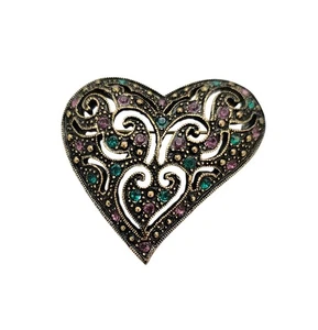 1928 Brand Pink Green Rhinestone Heart Brooch Pin - Picture 1 of 8