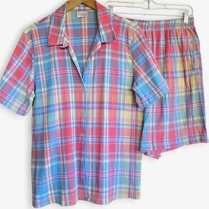 Vintage Koret Francisca 2-teiliges Shorts Outfit kariert Crinkle mehrfarbig Große L - Bild 1 von 13