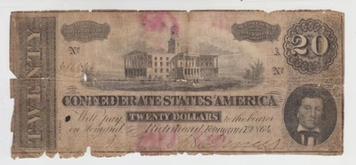 1864 Confederate States of America $20 Twenty Dollar Bill – Richmond, T-67 - Image 1 of 2