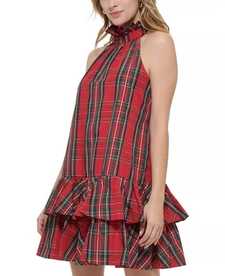 Tommy Hilfiger Women's Plaid-Print Halter-Neck Ruffled Dress. Size: 14 - Image 1 of 4