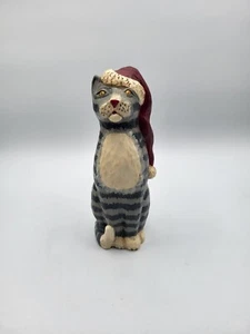 Kurt Adler Christmas Strioed Gray Tabby Cat Figure With Santa Hat - Picture 1 of 7