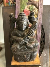 Vintage Saraswati Statue Indian Hindu Goddess Handmade Unique Temple Zen Retreat