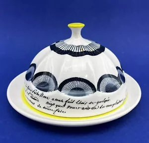 Anthropologie Covered Butter Dish Ceramic Round Domed Lid Yellow Script Blue - Picture 1 of 13