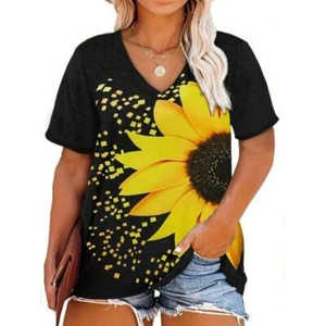 Women Fashion Short Sleeve V-neck Sunflower Print T Shirt Causal Female Tops Tee - Picture 1 of 5