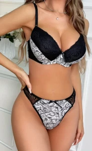 Sujetador y braguita lencería blanca con aros de cachemira de encaje negro Sissy sexy talla 36D - Imagen 1 de 6