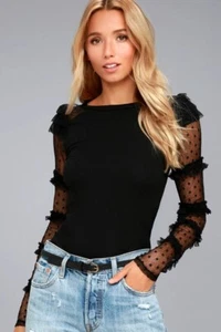 Free People Kiss Kiss Round Neck Mesh Long Sleeve Swiss Dot Blouse Top Black XS - Bild 1 von 12