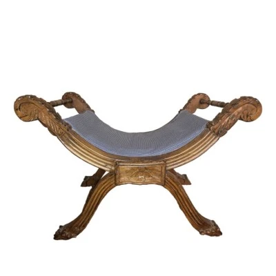 Taburete de banco vintage de madera tallada de lujo con marco en X tradicional Imperio renacentista Foto 1 de 4