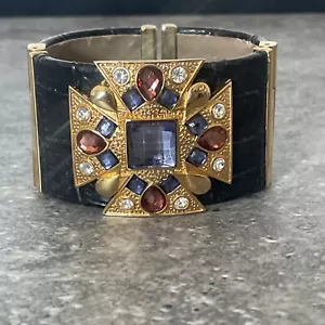 Bracciale largo croce pietre preziose maltesi vintage multicolore pietra pelle - Foto 1 di 20