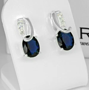 925 Sterling Silver Cubic Zirconia CZ & Blue Sapphire Ladies Dangle Earrings - Picture 1 of 4