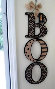 NEW 28" BOO HANGING HALLOWEEN SIGN SPIRIT Wood Black Beige Burlap Bow Decoration - Picture 1 of 1