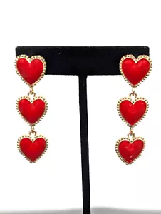 Red Stacked Triple Heart Enamel Gold Tone Dangle Pierced Earrings - Picture 1 of 7