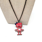 Vintage Pink Enamel Alien Robot Pendant Necklace Tiny Hot Charm Rolo Chain 28 in