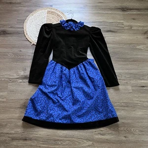YVES SAINT LAURENT Vtg Velvet Ruffle Neck Brown/Blue  Girls Dress - Picture 1 of 8