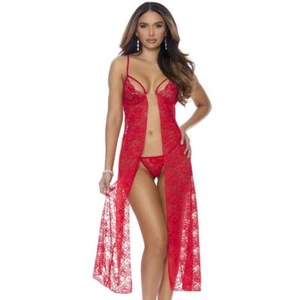 Lace Gown Strappy Demi Cups Open Front Back Underwire Panty Set Sheer Red 11052 - Picture 1 of 6