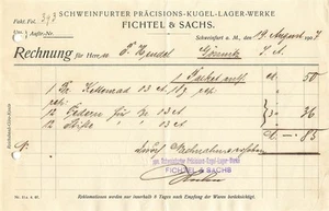 Alte Rechnung, "Fichtel & Sachs, Schweinfurt a.M." 19.08.1907 - Bild 1 von 1