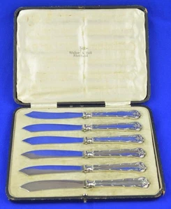 ANTIGUO JUEGO DE 6 CUCHILLOS WALKER & HALL 1917 PLATA ESTERLINA Y PLATA EN ESTUCHE - Imagen 1 de 16