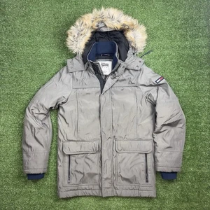 Tommy Hilfiger Parka Mens Small Gray Faux Fur Hooded Winter Coat Padded Jacket - Picture 1 of 5