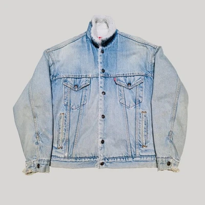 Vintage Levis Sherpa Trucker Jacket Mens Medium Blue Denim Distressed 80s 90s US - Image 1 of 4