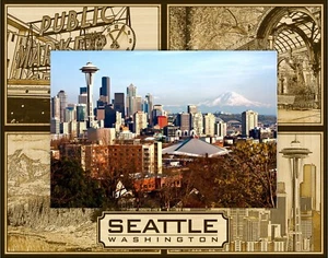 Marco de imagen de madera grabado con láser de montaje de Seattle Washington paisaje (8 x 10) - Imagen 1 de 2