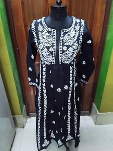 ANARKALI S M L XL 2XL HANDMADE CHIKAN EMBROIDERY ETHNIC 100% COTTON TOP KURTI - Picture 1 of 7