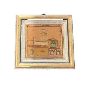 Vintage miniature acrylic painting on sheet metal town scene framed - Picture 1 of 3