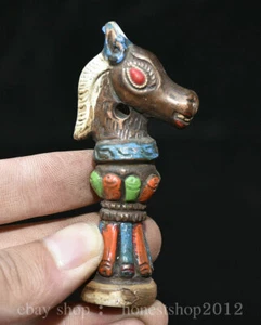 3" Alte Tibet Bronze Inlay Edelstein Malerei Pferd Kopf Büste Amulett Anhänger - Bild 1 von 5