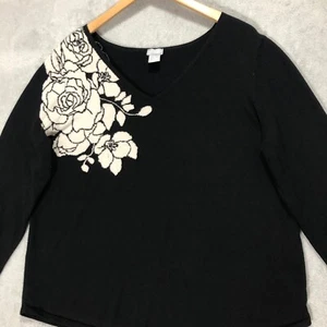 Chico's Floral Applique Sweater V-Neck Long Sleeve Black XL - Picture 1 of 8