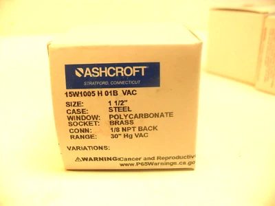 15-W-1005P-H-01B-VAC ASHCROFT  Pressure Gauge - 0-30 HG VAC - nib - Image 1 of 4
