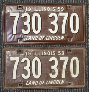 Vintage Brown Illinois License Plate 1959 "Land Of Lincoln" 730 370 2 Pieces - Picture 1 of 2