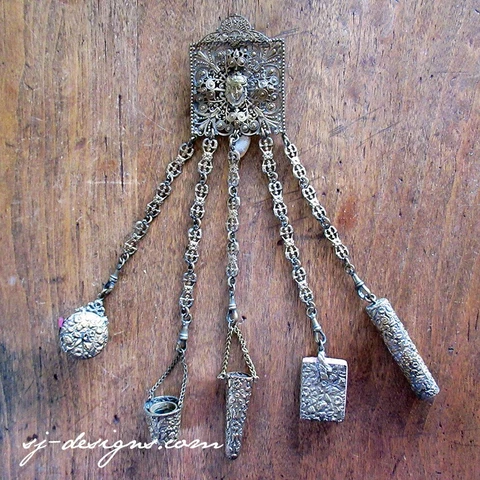 19th c dark brass chatelaine w 5 original accessories- thimble bucket pincushion Cover
