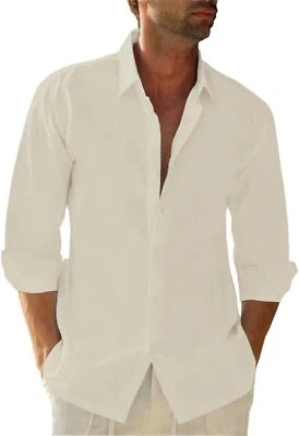 Men Casual Long Sleeve Regular Fit Cotton Beach Shirts with Pocket Size Small - Image 1 of 4