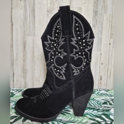 Very Volatile 黑色水钻女牛仔靴 6.5 码西部麂皮绒皮革 — 第 1/4 张图片