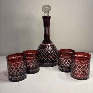 Bohemian Ruby Red Cut to Clear Decanter with Stopper & 4 Old Fashion Glasses - Picture 1 of 9