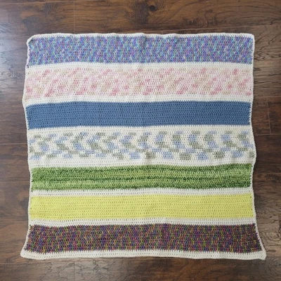 Hecho a mano punto ganchillo tiro multicolor rayas 37x37 pulgadas Foto 1 de 4